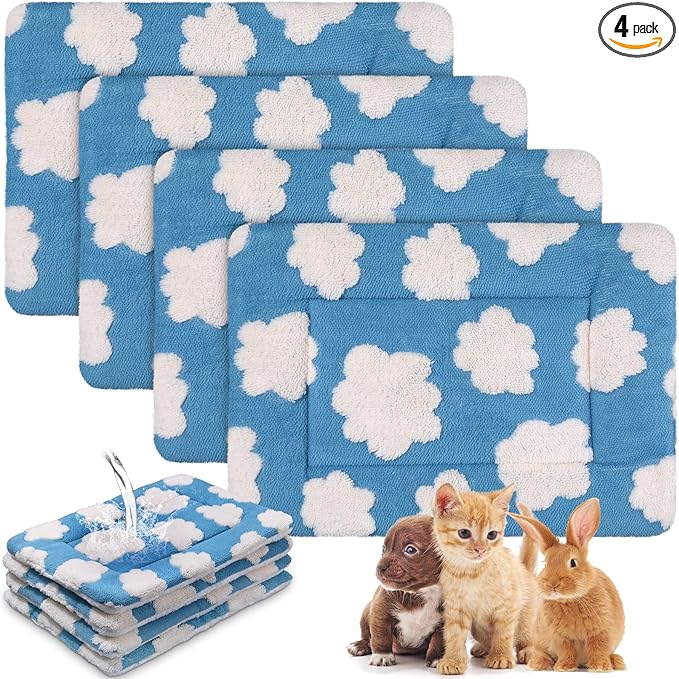 Haull 4 Pcs Waterproof Guinea Pig Bedding Soft Dog Cat Bed Crate Mat Small Animal Plush Cage Liners Rabbit Bunny Kennel Pad Reversible Cozy Pee Thickened Hamster Pad(White Cloud,13 x 18.5 Inch)