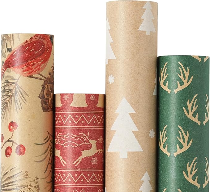 YANGTE Vintage Christmas Wrapping Paper - Brown Kraft Gift Wrap 4 Rolls, 17x120 Inch, Holiday Paper with Classic Brown and Red Patterns for Xmas Gifts