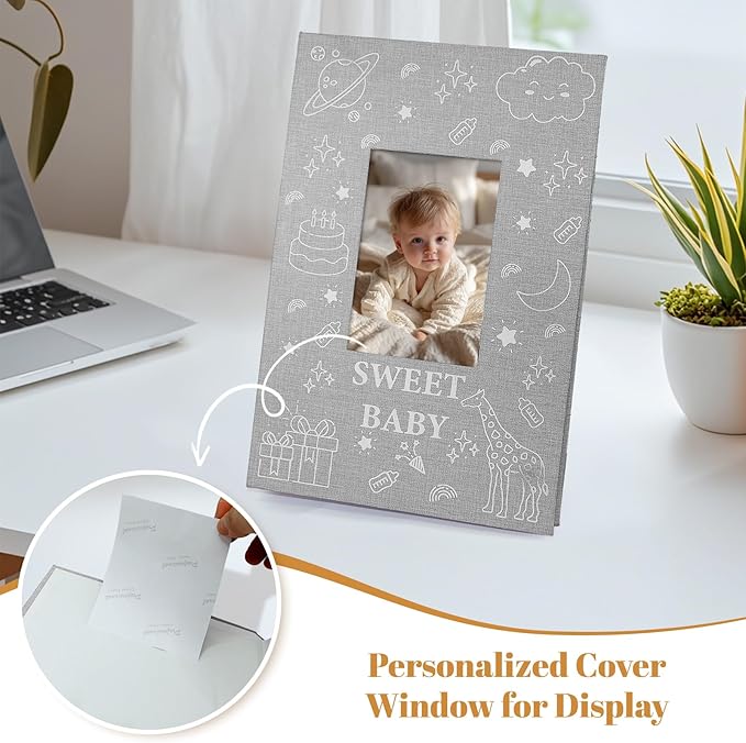 Baby Photo Album 4x6 300 Pockets with Memo Area & Hand and Footprint Kit, Linen Cover Slip-in Memory Book with Front Window, Acid-Free Keepsake for Newborn Boy Girl, First Year Moments