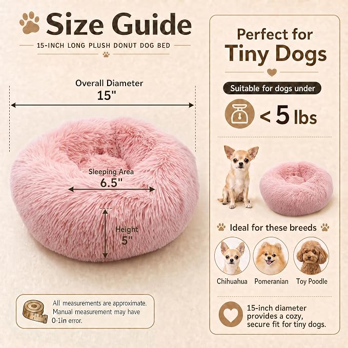 Tiny Dog Bed for Extra Small Dogs for Chihuahua Pomeranian Toy Poodle | 15 Inch Washable Puppy Bed,Soft Faux Fur Calming Donut Bed,Pink