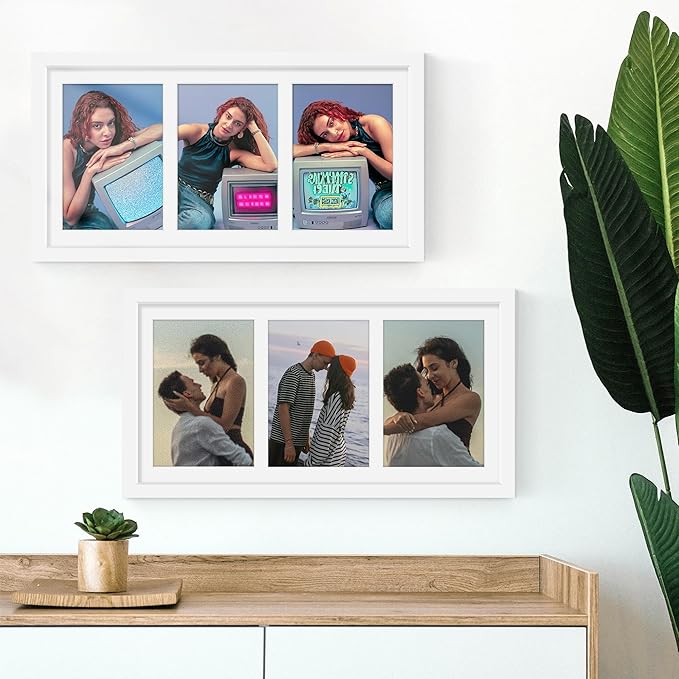 8x16 Collage Picture Frame, 5x7 Collage Picture Frame Displays Three 5x7 inch Photos, or 8x16 (Without Mat) for Available Horizontal Wall Mounting Display and Vertical, White.