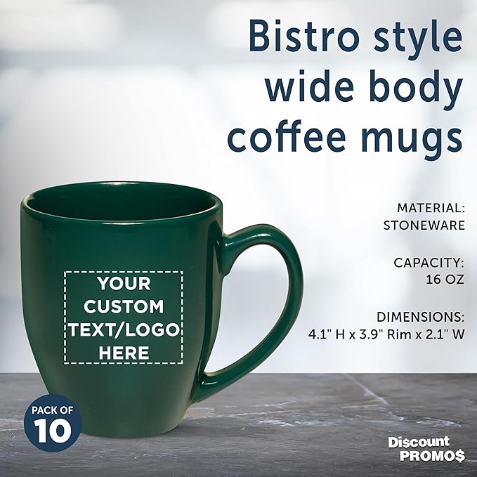 Custom Large Coffee Cups 16 oz. Set of 10, Personalized Bulk Pack - Perfect for Tea, Espresso, Cappuccino, Hot Cocoa - Green
