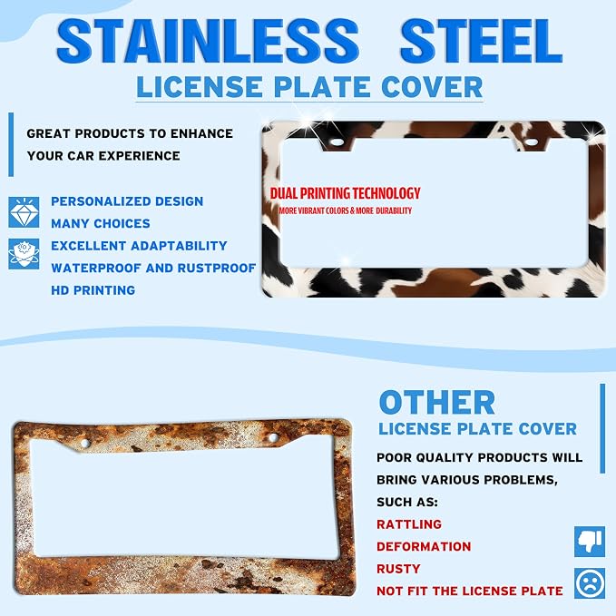 Brown Cow Spots Print License Plate Frame Cow Stainless Steel 6 X 12 Inch | Fits US Standard With Screws Rust Resistant For Car Front Rear Decoration Accessories Easy Installation For Cars SUV Truck