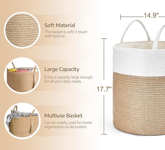 Mkono Woven Storage Basket Decorative Rope Basket Wooden Bead Decoration for Blankets,Toys,Clothes,Shoes,Plant Organizer Bin with Handles Living Room Home Decor, 15"W x 17.7”L, Cream White and Brown