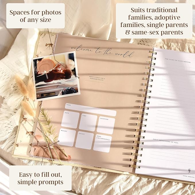 Peachly Unisex Baby Memory Book | Minimalist First Year Baby Book Keepsake for Milestones | Baby Scrapbook for Boy or Girl | Natural Linen - Forest