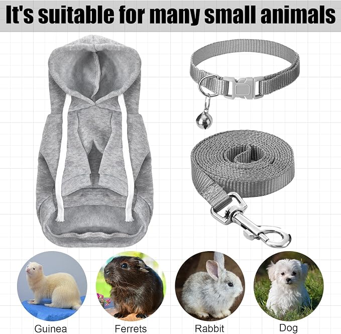 Foaincore 6 Pcs Ferret Clothes Hoodie Sweater Leash Harness Set Grey Red | Soft Hoodie Sweaters with Drawstring, Collar with Bell for Safety, Leash Included, For Guinea Pig Hamster Chinchilla