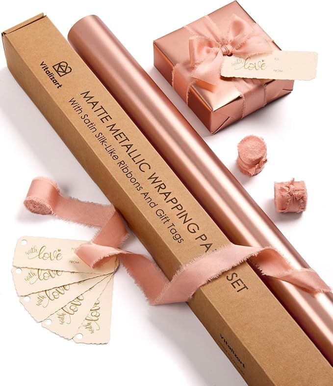 Vitalizart Pink Matte Metallic Wrapping Paper Set 30" With Silk Satin Ribbon & Gift Tags Christmas Gift Wrapping Birthday Baby Shower Wedding Bouquets Handmade Crafts 197"(16.4 Ft) Pink Ribbon