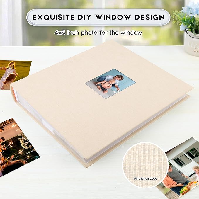 Photo Album 4x6 600 Photos with Writing Space Linen Cover with Front Window Picture Album, 600 Photos 4x6 Photo Album Book for Wedding Kids Travel Family Baby Pictures (Beige)