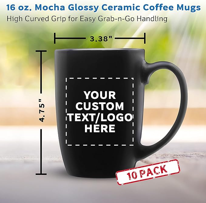 DISCOUNT PROMOS 10 Large Mocha Glossy Ceramic Coffee Mugs Set, 16 oz. - Customizable Text, Logo - Stoneware, Smooth, Durable, C-handle - Black