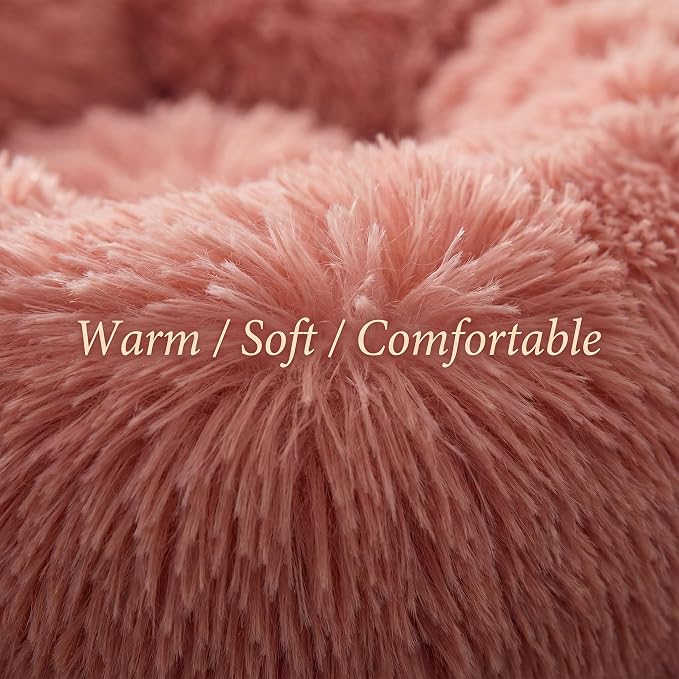 Calming Donut Small Dog Bed for Chihuahua Yorkie Maltese Shih Tzu | 19 Inch Washable Puppy Bed,Ultra Soft Faux Fur Round Dog Bed,Pink