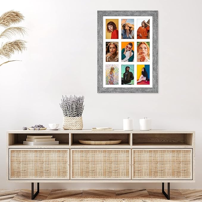 13.5x19.5 Picture Frame Display 9 opening 4X6 Picture Frame Collage,Multi Photo Frame with Mat,Plexiglass,Wall or Tabletop Decor,Grey Wood Grain