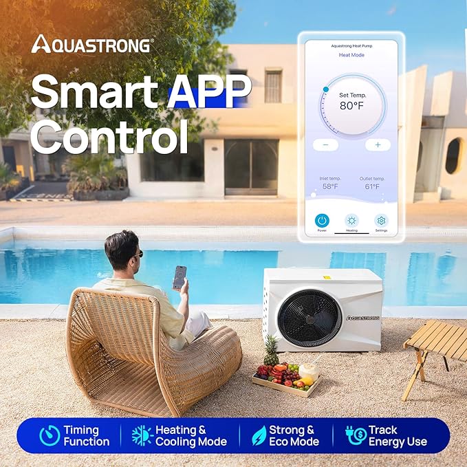 AQUASTRONG Inverter Swimming Pool Heat Pump,Pool Heater for Above Ground and Inground Pool Heating Smart WiFi Control and Cooling Pool Heater Pools Up to, 21000 Gallons