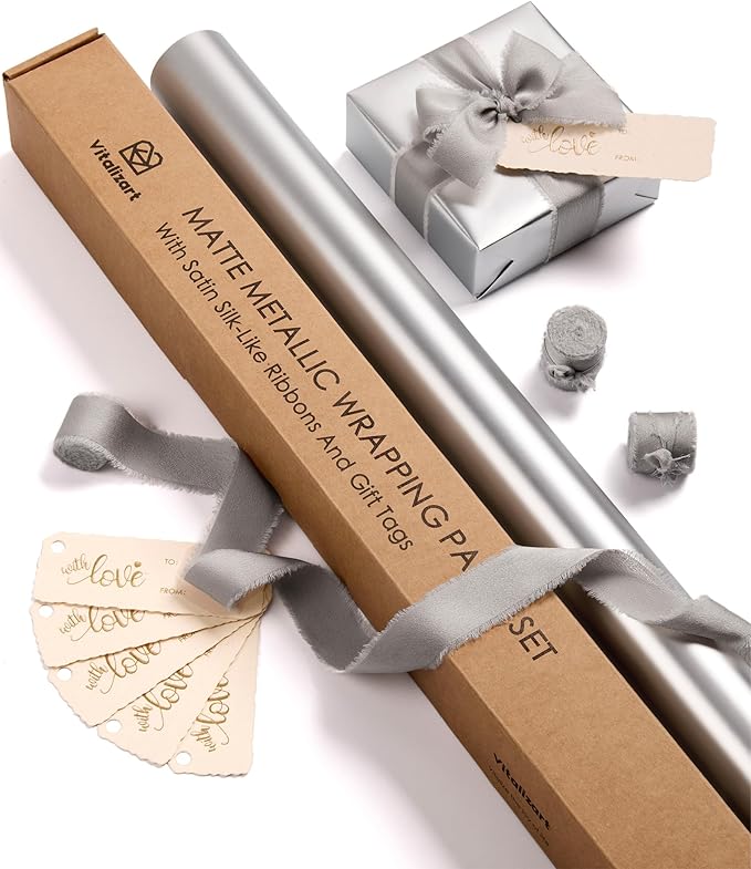 Vitalizart Silver Matte Metallic Wrapping Paper Set 30" With Silk Satin Ribbon & Gift Tags Christmas Gift Wrapping Birthday Baby Shower Wedding Bouquets Handmade Crafts 197"(16.4 Ft) Silver Ribbon