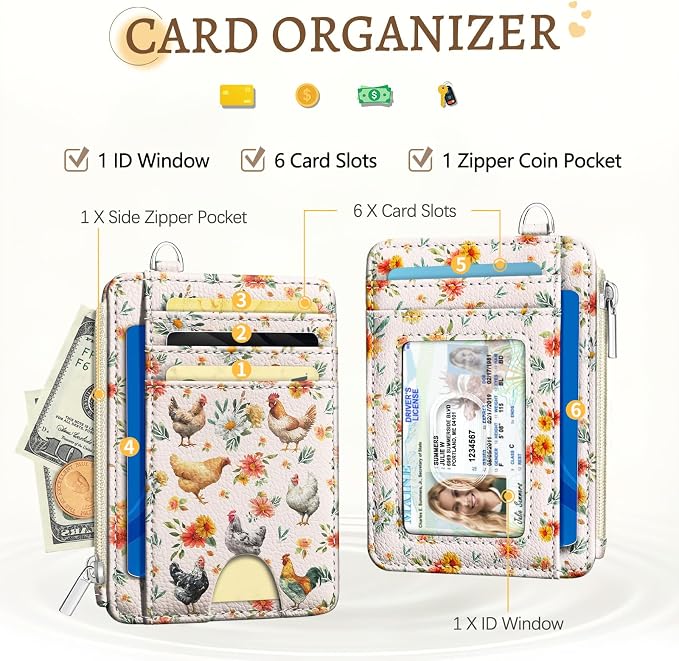 Kelvoris Credit Card Holder Small Wallet Women, Slim RFID, Chicken Rooster | Keychain, Zipper Coin Pocket, Front Pocket Thin Travel Card Case, Minimalist, 6 Card Slots, 1 ID Window, Ladies Gifts Woman