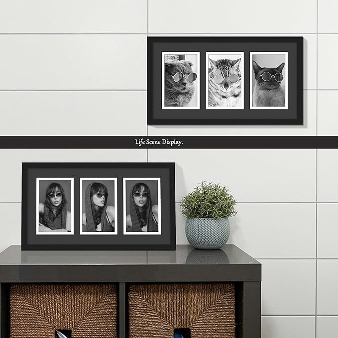 8x15 Collage Picture Frame, 4x6 Collage Picture Frame, Displays Three 4x6 inch Photos, Wall Decor Wall Hanging or Tabletop, Black Mat.