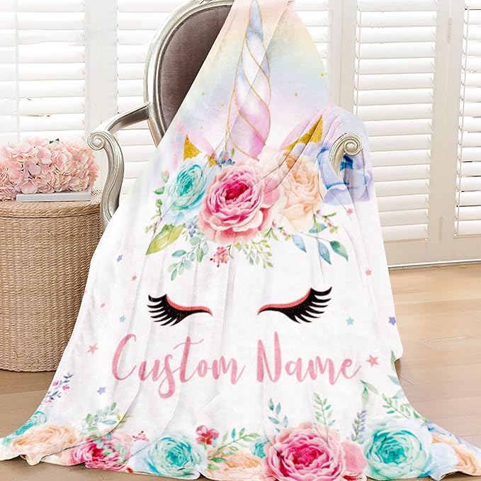 Personalized Unicorn Blanket Name Girl, Custom Name Blanket Kids, Soft Flannel Pink Unicorn Toddler Blanket Customized Gift Birthday Christmas Baby Shower Newborn Gift 30''x40''