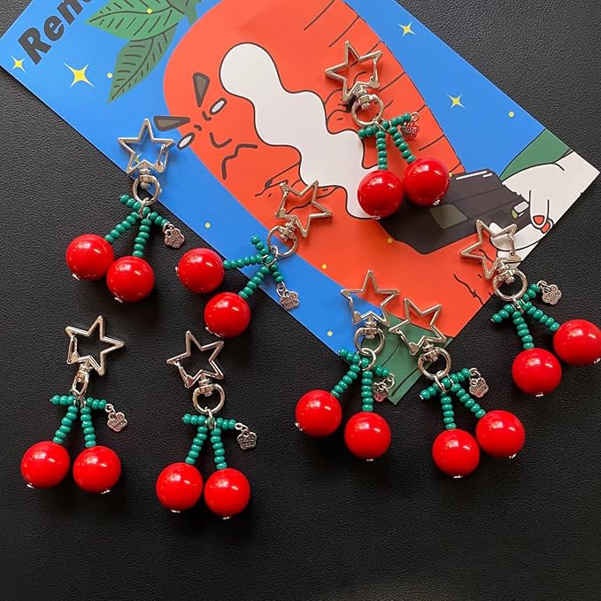 Agromusk Cute Cherry Keychain,Kawaii Cherry Bag Purse Charms for Women Car Keys Decor Gifts Stuff Accessories