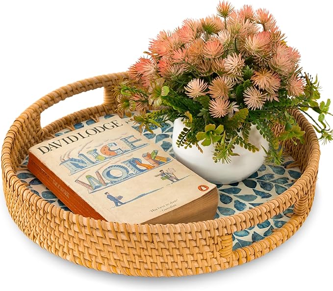 KOLWOVEN Round Rattan Tray with Handle, Rattan Serving Tray with Mother of Pearl Inlay Wooden Base, Decorative Wicker Basket for Table Decor (Blue Leaves)