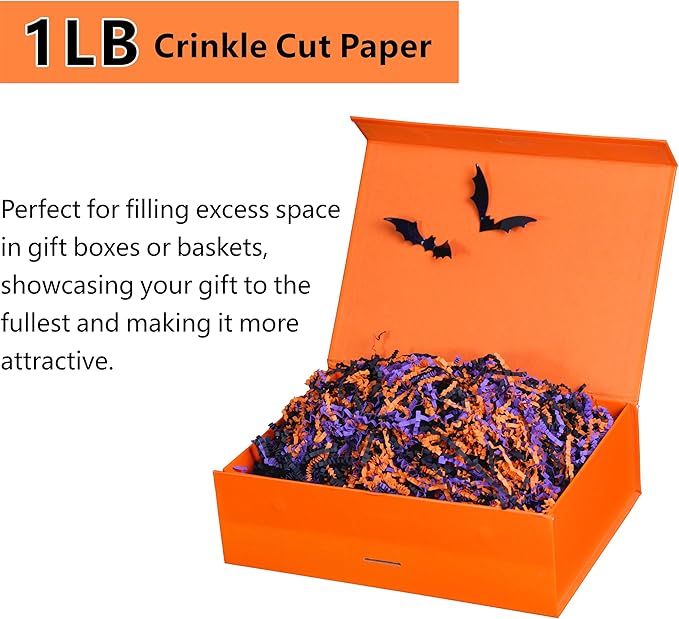Bobobag - 1LB Halloween Crinkle Cut Paper Shred Filler Recyclable Gift Wrap confetti Raffia Grass Shred Paper for Gift Wrapping Basket Filling Box Filling Party Decor (Black/Orange/Purple)