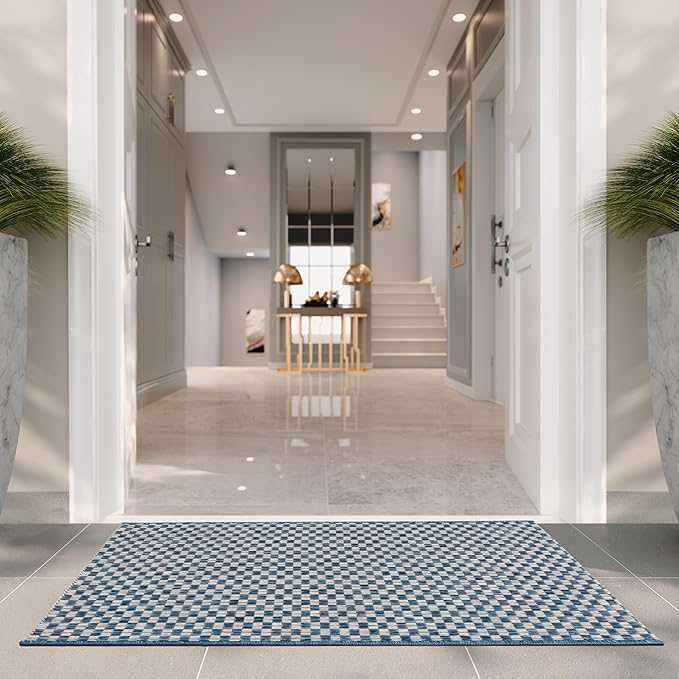 SAFAVIEH Washable Rug Outdoor Courtyard Collection - 2'3" x 5', Blue & Light Grey, Non-Shedding & Easy Cleaning, Ideal for Patio, Front Door, Entryway, Mudroom, Doormat (CY8653-36821)