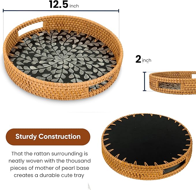 KOLWOVEN Round Rattan Tray with Handle, Rattan Serving Tray with Mother of Pearl Inlay Wooden Base, Decorative Wicker Basket for Table (Black- White Leaves)