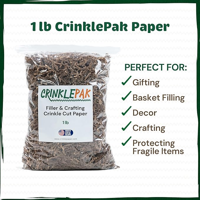 1LB USA Made Kraft Crinkle Paper Filler | Great Shredded Paper For Gift Baskets, Shipping Packages, Gift Box Filler, Basket Filler, Birthdays, Weddings, Anniversaries | Kraft Crinkle Shred