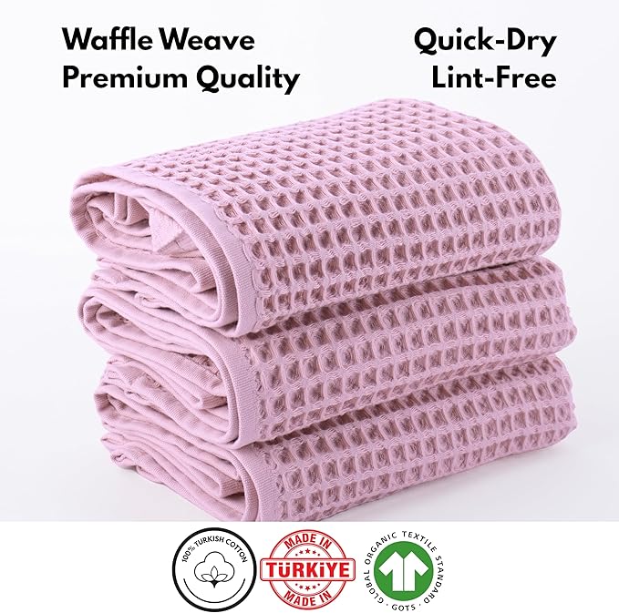 PÜSKÜL - Set of 3 Organic Waffle Hand Towel Pink - Premium Quality, 100% Turkish Cotton, Soft, Quick-Dry, Absorbent, Lint-Free Face Kitchen Hand Towels (Pink Powder, Hand Towels - Pack of 3)