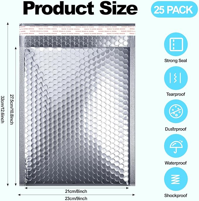 25 PCS Metallic Bubble Mailers,8 x 11 Inches Thermal Bubble Mailer,Insulated Mailers for Cold Shipping,Waterproof Insulated Shipping Envelopes for Food, Cosmetics(Sliver)