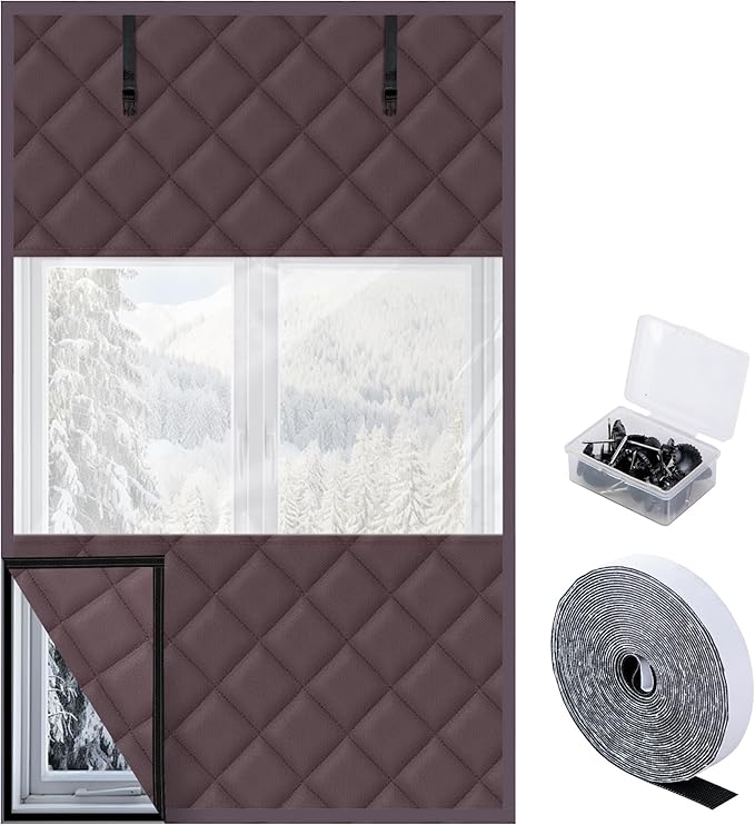 3 Layer 63 x 39 Inch Visible Winter Insulated Window Cover,Oxford Thermal Insulated Window Blanket with Fastener,Brownish Red Window Insulation Kit for Winterizing Keeping Home Warm