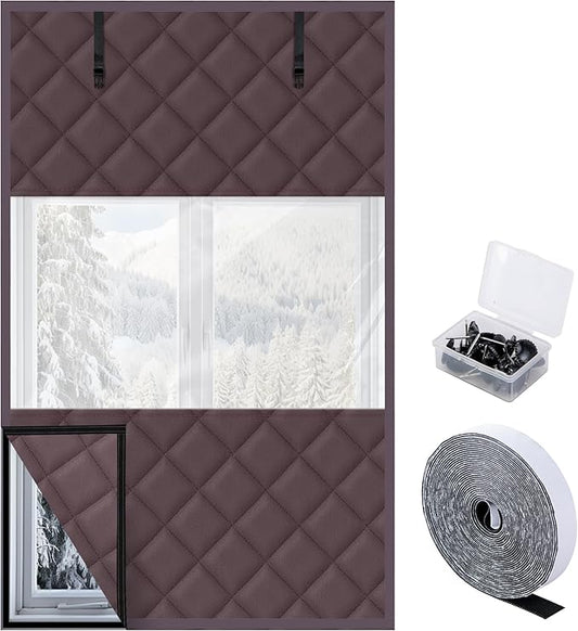 3 Layer 63 x 39 Inch Visible Winter Insulated Window Cover,Oxford Thermal Insulated Window Blanket with Fastener,Brownish Red Window Insulation Kit for Winterizing Keeping Home Warm