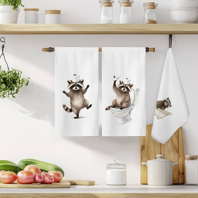 Funny Raccoon Bathroom Hand Towels, Raccoon Lover Gifts, Humor Bathing Trash Panda Decorative Hand Towels for Bathroom Washroom Restroom, 16x24 Inch Set of 3
