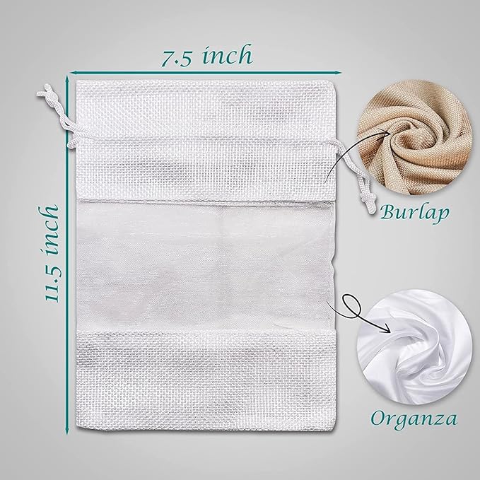 48-Pack X-Large Linen Burlap & Organza Gift Bags w. Drawstrings (7.5x11.5 in, White) - Party Favors, Presents, Samples & Treats Mesh Pouch by The Display Guys