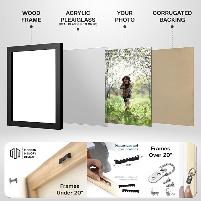 Modern 15x13 Black Picture Frame Wood with Real Glass - Wall Hanging - Real Wooden Edge - 13x15 Frame Size For Family Photo Portrait, Poster Prints, Documents, Art Print- Modern Memory Design