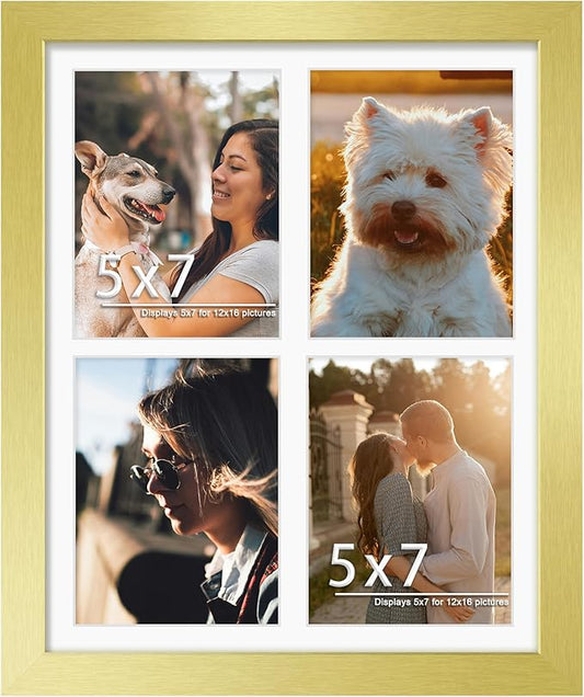 12x16 Picture Frame 5x7 Collage Picture Frame Displays Four 5x7 inch Photos or 12x16 (Without Mat) for Available Horizontal Wall Mounting Display and Vertical Gold