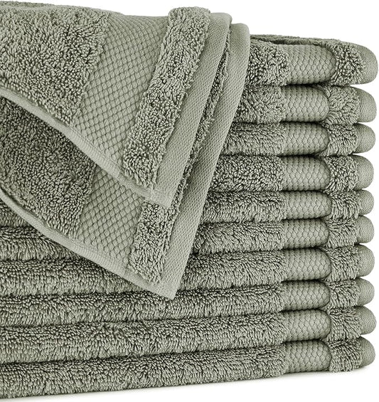 BIOWEAVES 100% Organic Cotton 700 GSM Plush Premium Washcloths 13" x 13" GOTS Certified, Face Towels Perfect for Home & Bathroom - Sage, Pack of 12