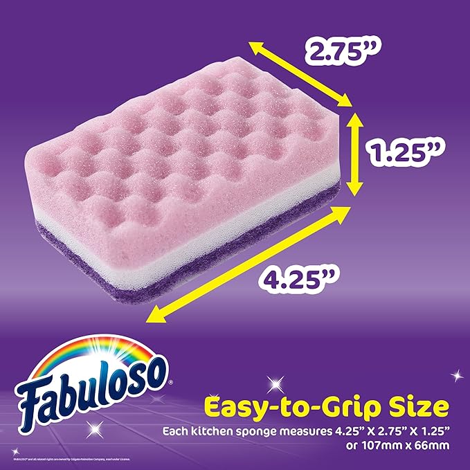 Fabuloso Scratch-Free Kitchen Dish Sponges, Purple Cellulose Scrubber Sponge with Scouring Pad for Dishes, Pots, Pans, Counters and Sinks, Tough on Messes, 4.25 x 2.75 x 1.25 in, 12 Count