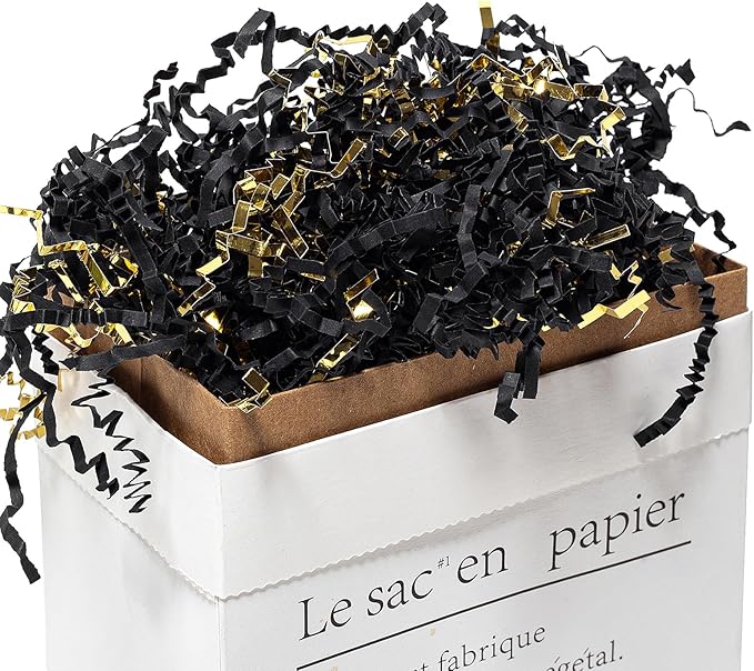 Mefleet 1/2 LB Crinkle Cut Paper Shred Filler 8 oz Black & Gold Crinkle Shredded Paper for Gift Box - Gift Basket Bag Filler - Grass Cushion Stuffing for Easter, Mother's day, Birthday Packaging Wrapping