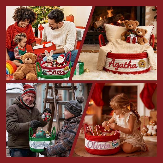 Personalized Christmas Basket with Name Custom Baby Shower Baskets for Newborn Girls Boys Customized Rope Cotton Storage Organizer Gifts