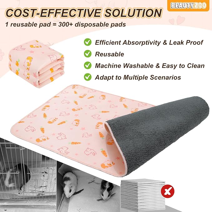 BEAUTYZOO 2Pack Washable Reversible Guinea Pig Cage Liners, Fleece Bedding | 16x24" Fleece Cage Liners, Waterproof Leakproof Super Absorbent Washable Reusable Pee Pads for Guinea Pig, Rabbit, Hamster