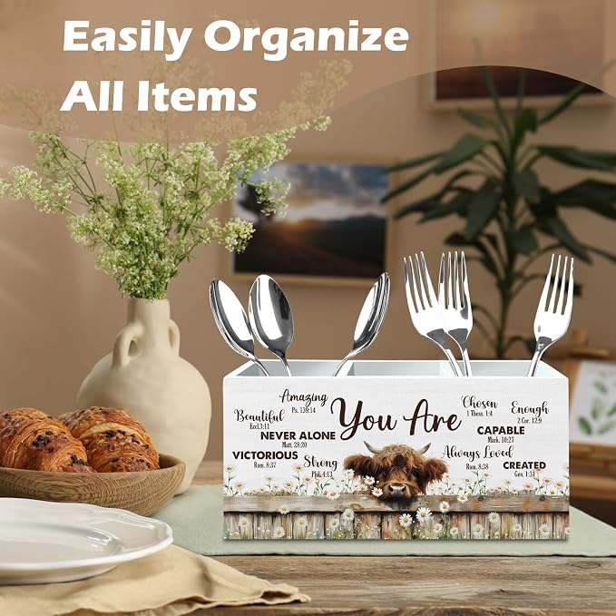 DILSJ Inspirational Highland Cow Pen Pencil Holder Organizer for Desk, Highland Cow Gifts for Women, Be Kind Be Brave Decor Wooden Box Signs for Home Office Desk Decoration Office & School Supplies