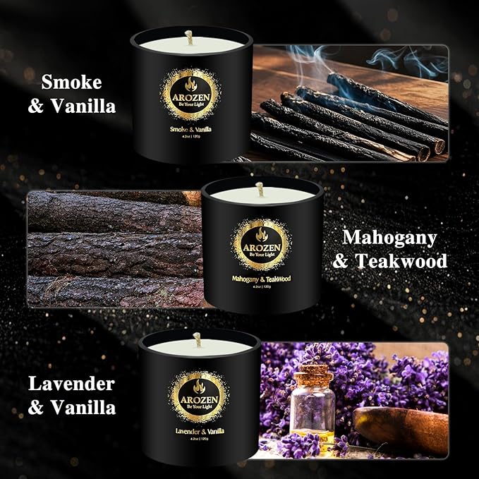 3 Pack Candles for Men, Scented Candles Gifts Set, Aromatherapy Soy Black Candles for Home Scented, Gifts for Men Chrismas, Scent of Lavender, Mahogany Teakwood & Smoke Vanilla, 70H Burn Time