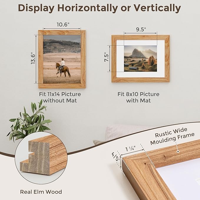 Fun Memories 11x14 Picture Frame-Real Tempered Glass, Rustic Wooden Photo Frames 11 x 14, Display Pictures 8x10 with Mat or 11x 14 Without Mat, 11x14 Picture Frame for Wall Mounted, Natural, 1 Pack