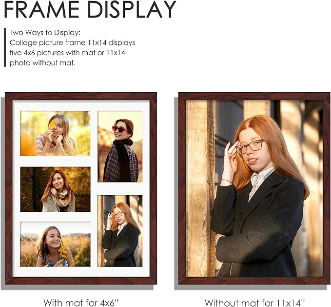 11x14 Collage Picture Frame 4x6 Collage Picture Frame Displays Five 4x6 inch Photos or 11x14 (Without Mat) Wall Decor Wall Hanging or Tabletop Redwood
