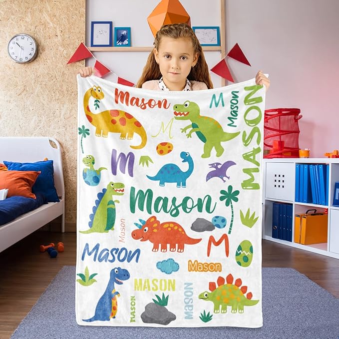 Personalized Dinosaur Blanket with Name for Boys, Customized Gift for Birthday, Christmas, Baby Shower, Soft Flannel Dinosaur Toddler Blanket, 30" X 40"