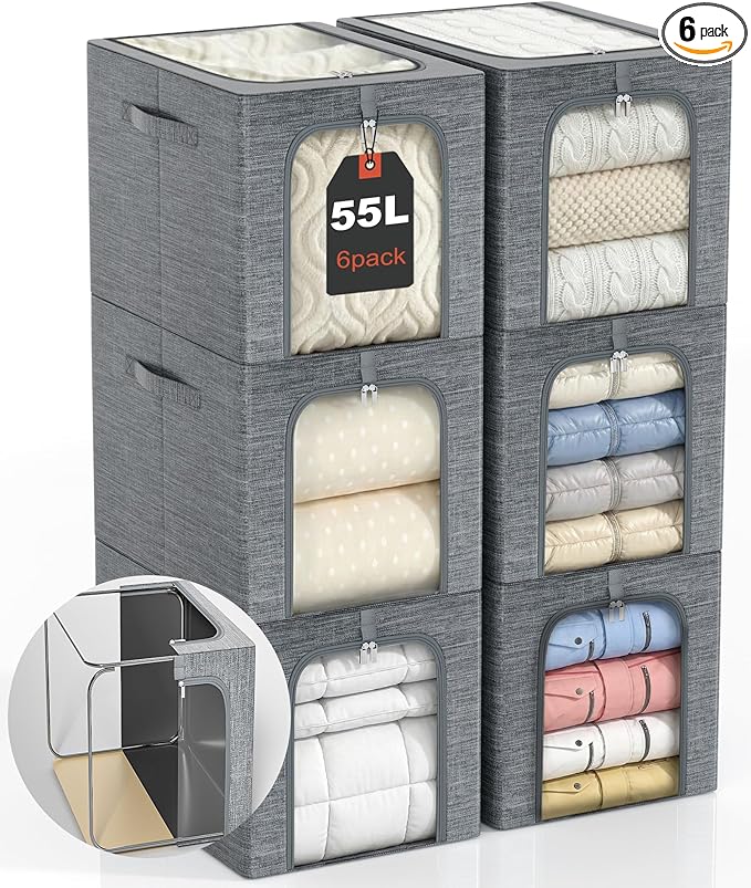 GoMaihe Clothes Storage Bins Metal Frame: 55L Extra Large Stackable Closet Storage Bin with Lid & Clear Window, Heavy Duty Blanket Box for Winter Coats Comforters (Fits Deep Closet 6-Pack)