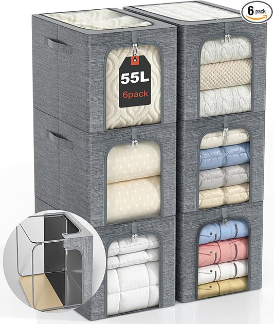 GoMaihe Clothes Storage Bins Metal Frame: 55L Extra Large Stackable Closet Storage Bin with Lid & Clear Window, Heavy Duty Blanket Box for Winter Coats Comforters (Fits Deep Closet 6-Pack)