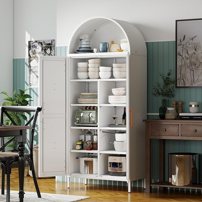 Metal Arched Kitchen Pantry Cabinet with 6 Adjustable Shelves, Farmhouse Arched Cabinet with 2 Doors for Kitchen,Bedroom,Living Room,White, Assemble Required,15.4" D x 30.7" W x 72.8" H