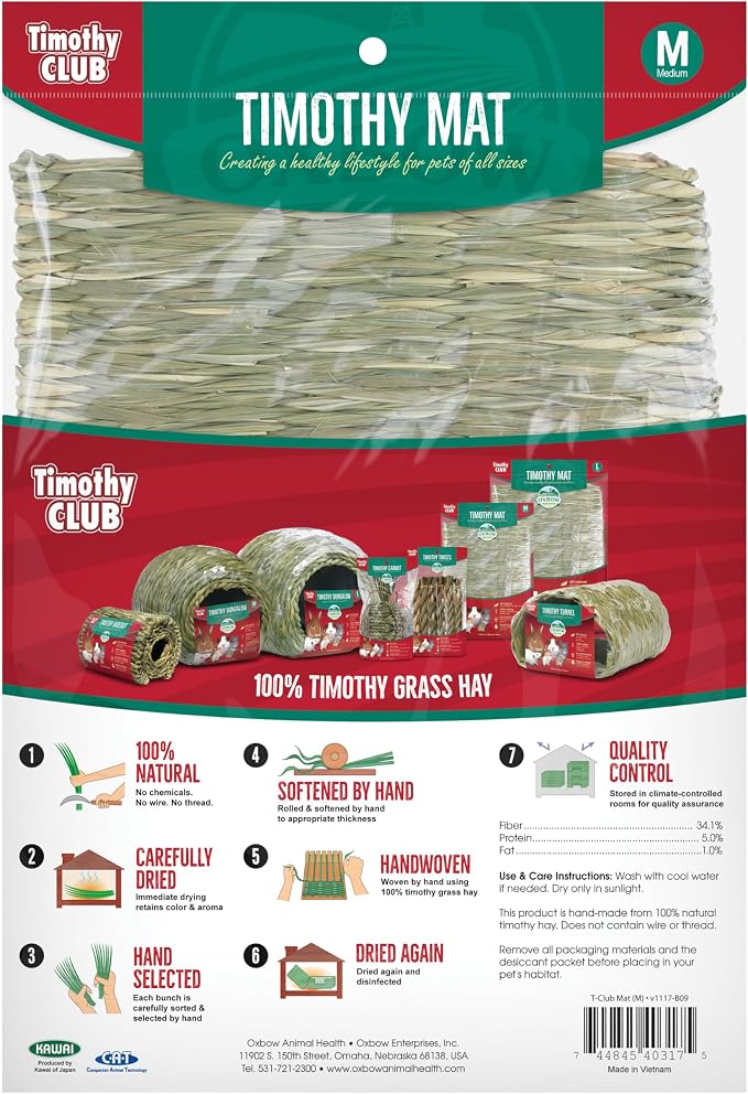 Oxbow Timothy Hay Mat, Edible Rabbit & Guinea Pig Chew Mat, Medium | Hand-Woven, Timothy Hay Chew Mat, For Rabbits, Guinea Pigs, Chinchillas And Rats, Edible Cage Enrichment, Supports Chewing