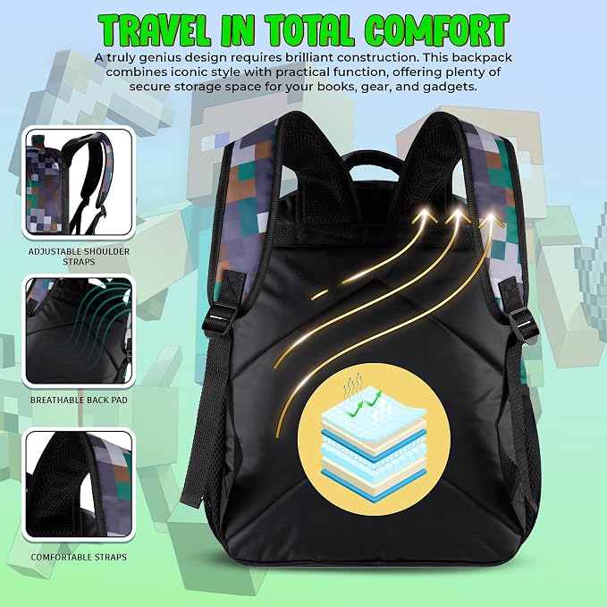 AI ACCESSORY INNOVATIONS Minecraft Backpack for Kids, Pixelated Block Print Design with Adjustable Straps, 16 Inch Rectangular Daypack, 3 Zippered Compartments, Water Repellent Polyester
