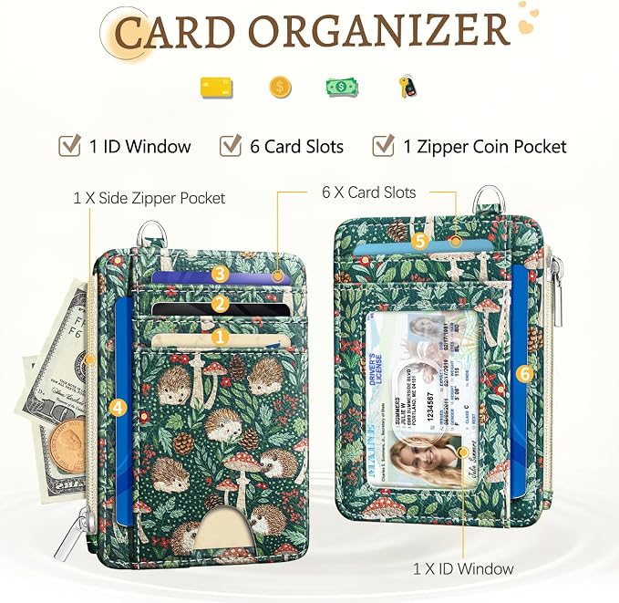 Kelvoris Credit Card Holder Small Wallet Women, Slim RFID, Cute Hedgehog | Keychain, Zipper Coin Pocket, Front Pocket Thin Travel Card Case, Minimalist, 6 Card Slots, 1 ID Window, Ladies Gifts Woman